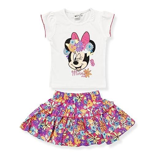 SUN CITY completo estivo minnie, disney, t-shirt e gonna da bambina in cotone, bianco