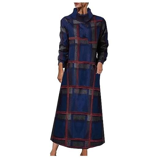 Yowablo abito lungo da donna autunno/inverno con fondo scozzese vintage grande abito maniche lunghe elegante (blue, xl)