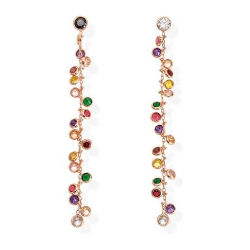 Amen gioielli, orecchini pendenti con gocce di zirconi multicolor, orecchini donna argento 925 rosa, regalo donna