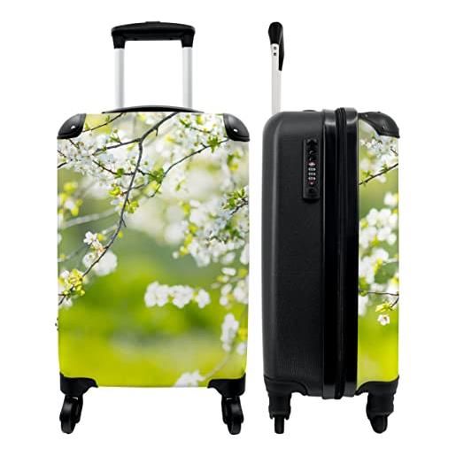 NoBoringSuitcases.com® valigia trolley bagaglio a mano valigia piccola con 4 ruote - fiore - ramo - fiori - bianco - primavera - trolley da viaggio