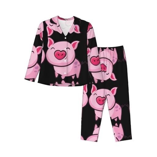 ELRoal set pigiama a maniche lunghe da donna con stampa maiale rosa sorridente per un'esperienza di sonno morbida e confortevole, nero , m