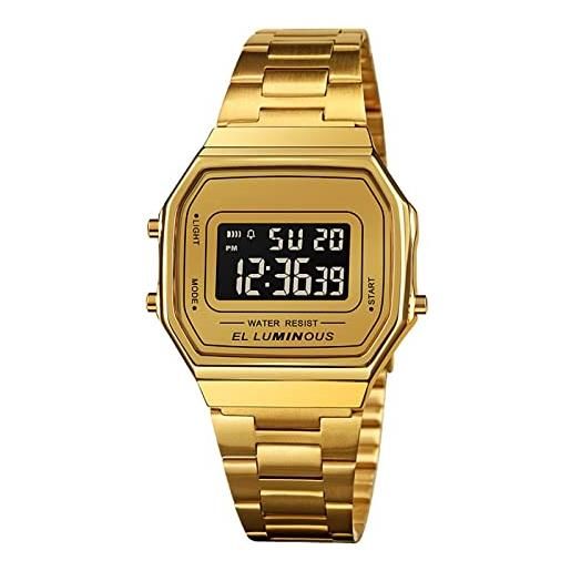 FAMKIT orologio digitale da uomo con cinturino in acciaio inox retroilluminato a led, impermeabile, elegante orologio da polso per uomo, oro, bracciale