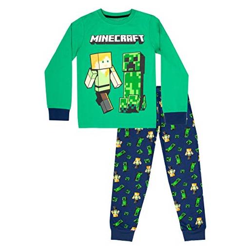 Minecraft - pigiama minecraft per ragazzi - set pigiama a maniche lunghe in 100% cotone - minecraft blu per ragazzi con minecraft creeper - vestiti minecraft - regali di compleanno minecraft, verde /