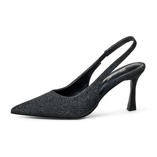 GENSHUO eleganti scarpe con tacco da 10 cm pompe donna tacco a gattino punta appuntita cinturino alla caviglia, velluto blu navy, 38.5 eu