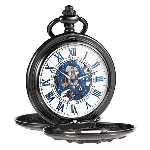 TREEWETO orologio da taschino unisex con catena, analogico, meccanico, a carica manuale, con doppia cerniera, scheletro per uomo nero