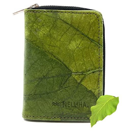 NELUHA portafoglio in foglie di teak, un'alternativa in pelle vegana e sostenibile, portafogli con molti scomparti apribili con chiusura lampo, verde, 12x9x3cm, casual