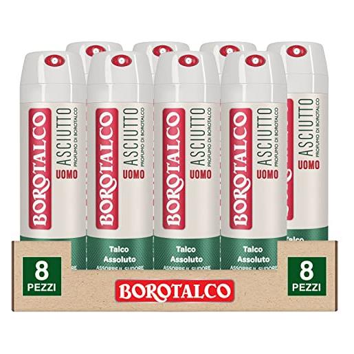 Borotalco deodorante spray asciutto per uomo deo 72h con talco assoluto assorbe il sudore senza alcol profumo di Borotalco - 8 flaconi da 150ml