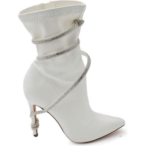 Malu Shoes tronchetti donna a punta bianco effetto calzino con tacco sottile 12cm cordoncino di strass avvolgente aderente zip