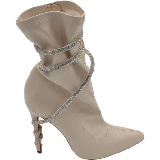 Malu Shoes tronchetti donna a punta beige effetto calzino con tacco sottile 12cm cordoncino di strass avvolgente aderente zip