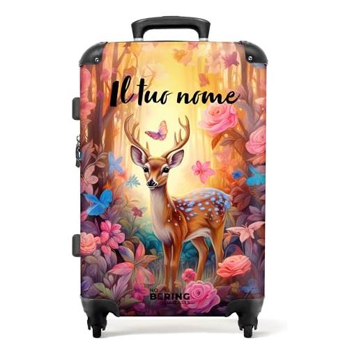 NoBoringSuitcases.com® valigia personalizzata - valigia media - valigia per bambini, 67x43x25cm - valigia da viaggio per bambini, valigia rigida - cervo con fiori - valigia con nome
