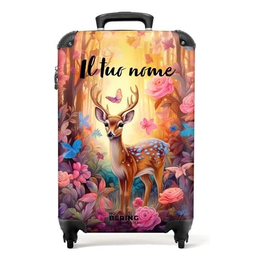 NoBoringSuitcases.com® valigia personalizzata, valigia per bambini - trolley da cabina 55x40x20 cm, trolleykoffer per bambini - trolley per bambini - cervo con fiori - valigia con nome