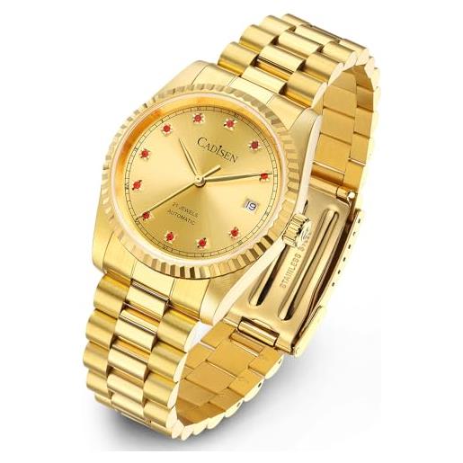 CADISEN orologio automatico da uomo con riserva di carica meccanica in acciaio inox zaffiro font homage, oro (colore)