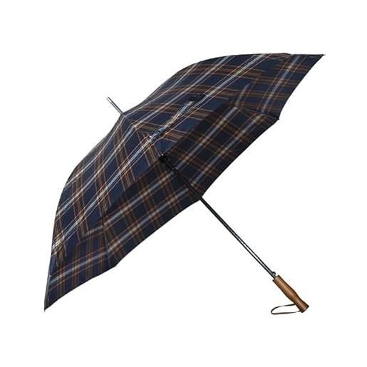 VIRSUS ombrello da pioggia maxi 8 stecche con manico dritto in legno 9522, tessuto pongee, apertura automatica, aste struttura in fibra, cinturino cuoio, gigante (scozzese blu e arancione)