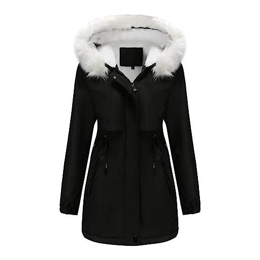 RQPYQF cappotto invernale da donna elegante giacca imbottita cappotto parka imbottita media lugghezza caldo con cappuccio in pelliccia sintetica wt19 (nero, m)