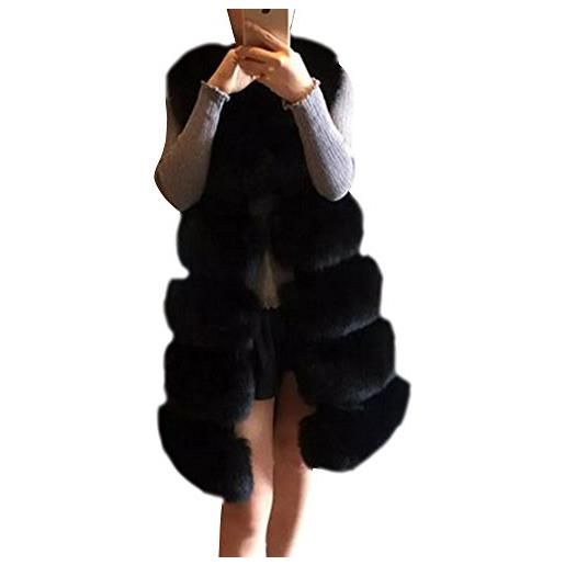 Gladiolus donna lungo gilet falso pelliccia sintetica senza maniche cappotto parka giubbotti giacca invernali nero 2xl
