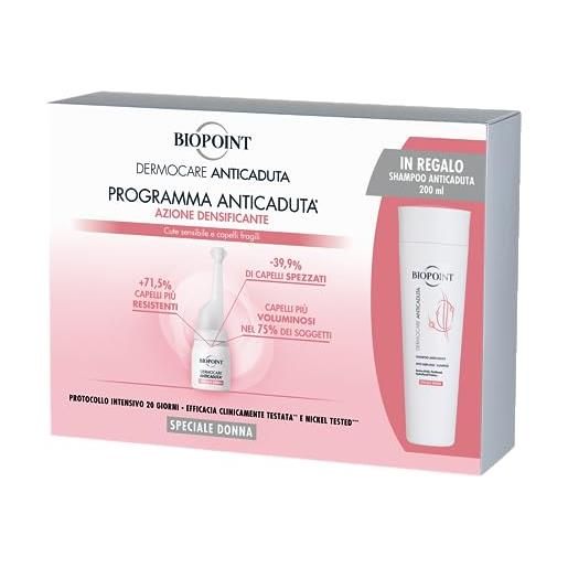 Biopoint dermocare anticaduta capelli donna - contiene 20 fiale ad azione densificante + shampoo anticaduta donna 200 ml, fortifica il capello e ne previene la caduta
