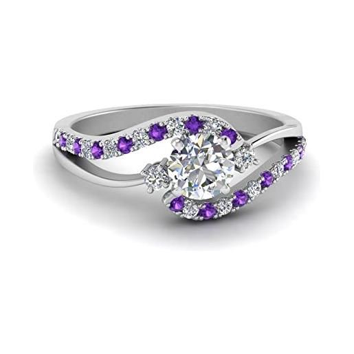 Jewelryonclick swirl 3 anello di fidanzamento con diamanti in pietra argento sterling naturale ametista rotondo forma anelli di fidanzamento con pietra laterale polo impostazione taglia 48