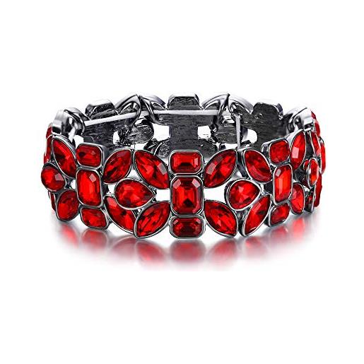 EVER FAITH braccialetto donna, cristallo sposa vintage stile floreale elasticità bracciale per donne ragazze rosso nero-fondo