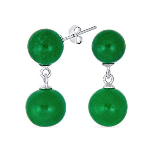 Bling Jewelry orecchini a sfera della goccia della giada verde genuina rotonda del doppio penzolare della pietra preziosa semplice classica per le donne. 925 argento sterlina 10mm