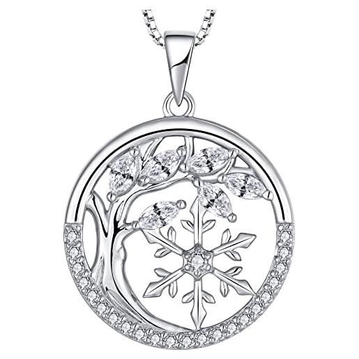 YL collana albero della vita e fiocco di neve in argento 925 con ciondolo da donna con pietra portafortuna di aprile zirconia cubica bianchi, lunghezza catena 45+3 cm