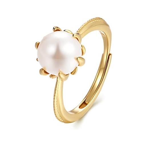 SKAIJEWEL anelli di perle in argento 925 da donna con fiore placcato oro aperto, regolabile e 8 mm perla imitazione bottone, regalo di anniversario per donne, argento sterling