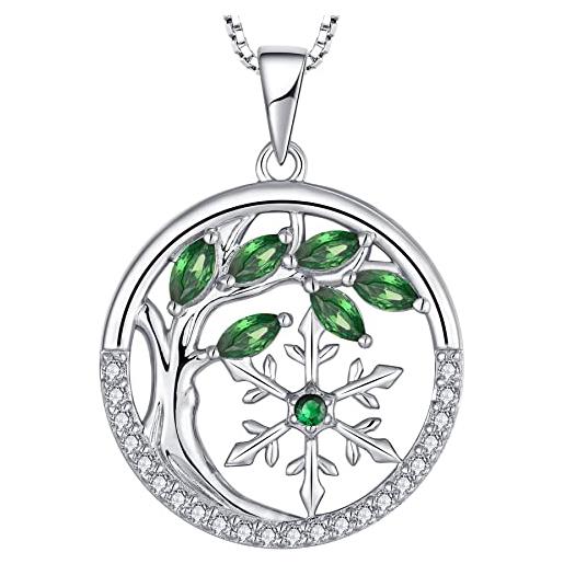 YL collana albero della vita e fiocco di neve in argento 925 con ciondolo da donna con pietra portafortuna smeraldo, lunghezza catena 45+3 cm