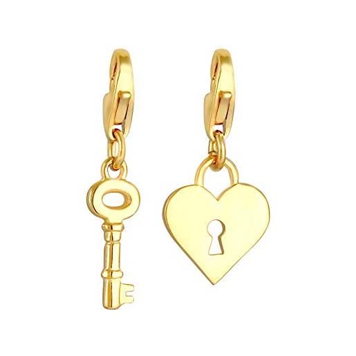 Nenalina ciondolo a forma di chiave e serratura, in argento 925 placcato oro, per donna, ciondolo in oro con elemento a cuore, adatto a tutti i braccialetti più comuni