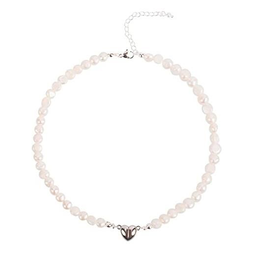 Ouran collana di perle d'acqua dolce con perle autentiche da 6 mm - ciondolo di perle a forma di farfalla, fatto a mano (#3 placcato argento & forma di cuore)