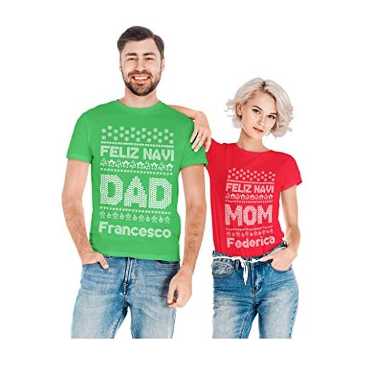 Colorfamily coppia t-shirt magliette natale natalizie personalizzabili con nome lui e lei feliz navi dad mom