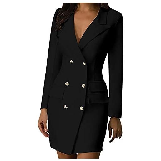 FGUUTYM doppio petto stretto ufficio trench tinta unita giacca decorazione borsa abito lungo giacche cappotti donna, nero , xxl