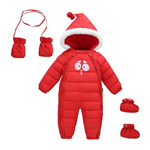 FEOYA - tuta da neve per neonato, con guanti e scarpine, unisex, con cappuccio, invernale, per neonati, 6-24 mesi rosso 18-24 mesi