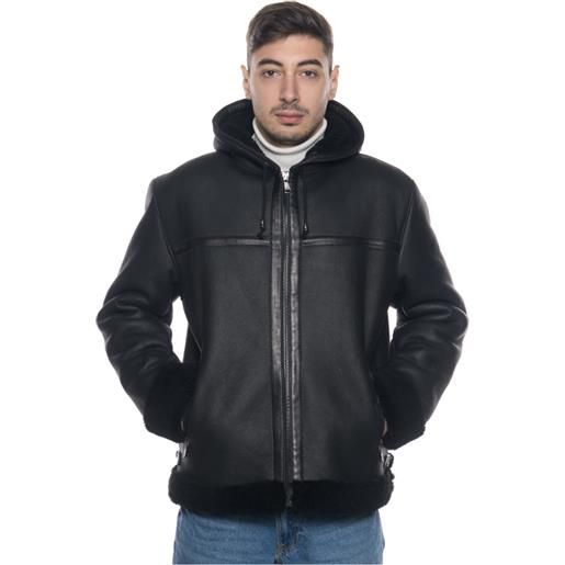 Leather Trend james - giacca uomo nero in vero montone shearling con cappuccio