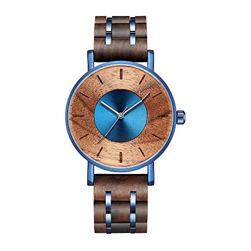 WASTIME orologio in legno per uomo e donna, elegante cronografo militare casual fatto a mano in legno elegante orologio multifunzione con datario. B-blu