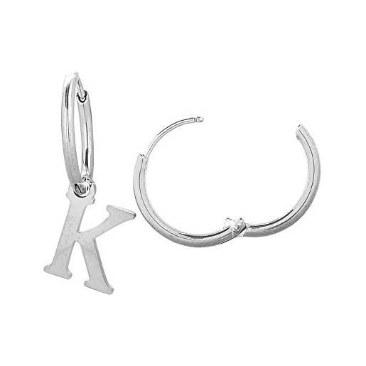 Beloved orecchini da donna a cerchio in acciaio - uno con iniziale e uno a cerchietto semplice - per lobi forati - chiusura a scatto (silver lettera k)
