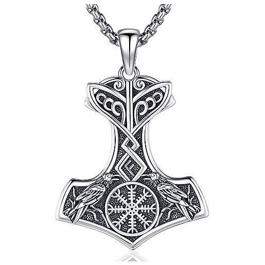 Friggem martello di thor collana viking uomo in argento sterling 925 nordico amuleto mjolnir ciondolo con corvo gioielli vichinghi regalo per uomo donne q (d-martello di thor)