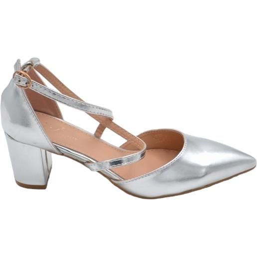Malu Shoes scarpa decollete' donna a punta satinato argento tacco largo 3 cm basso cinturino incrociato caviglia stabile comodo