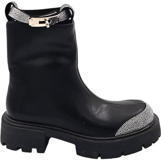 Malu Shoes stivaletto scarpa donna nero con strass argento in punta e cinturino fondo alto in gomma zigrinata con zip moda