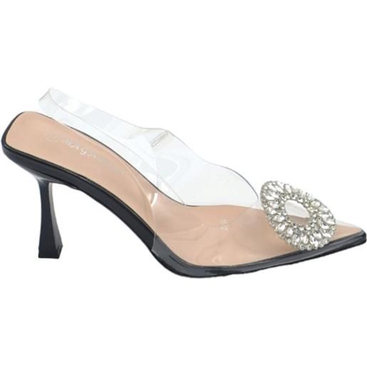 Malu Shoes decollete scarpa donna a punta trasparente con spilla gioiello fiore brillantini argento tacco spillo 9 nero evento glam