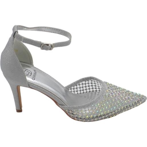 Malu Shoes scarpe decollete donna elegante argento punta rete trasparente brillantini tacco 10 cm cinturino caviglia evento