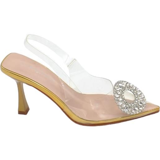 Malu Shoes decollete scarpa donna a punta trasparente con spilla gioiello fiore brillantini argento tacco spillo 9 oro evento glam