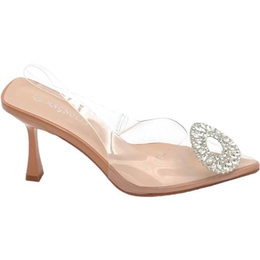 Malu Shoes decollete scarpa donna a punta trasparente con spilla gioiello fiore brillantini argento tacco spillo 9 nude evento glam