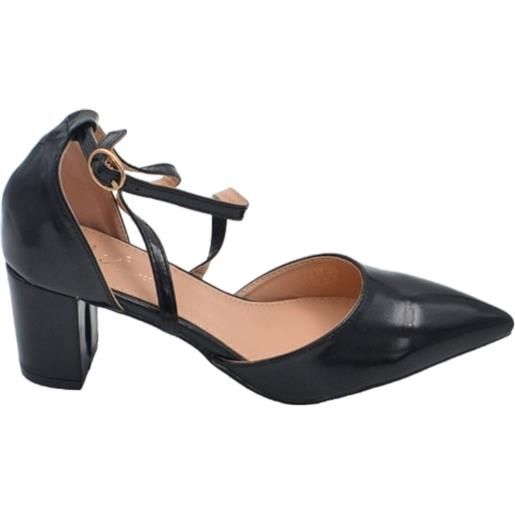 Malu Shoes scarpa decollete' donna a punta satinato nero con tacco largo 3 cm basso cinturino incrociato caviglia stabile comodo