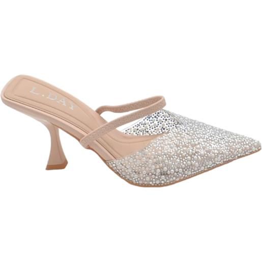 Malu Shoes scarpa decollete slingback donna effetto nudo con trasparenza brillantini argento elastico in tono tacco martini 7 cm