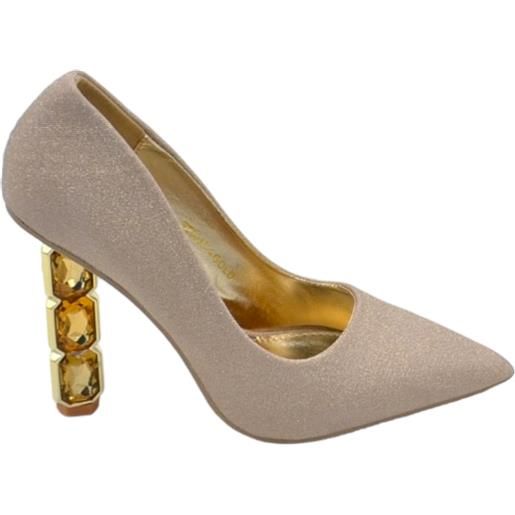 Malu Shoes decollete a punta donna scarpa elegante glitter champagne oro platino con tacco gioiello triangolare 10 cm