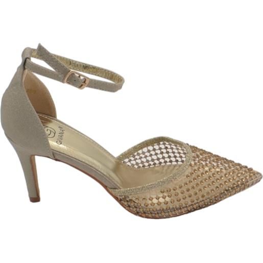 Malu Shoes scarpe decollete donna elegante platino punta rete trasparente brillantini tacco 10 cm cinturino alla caviglia evento