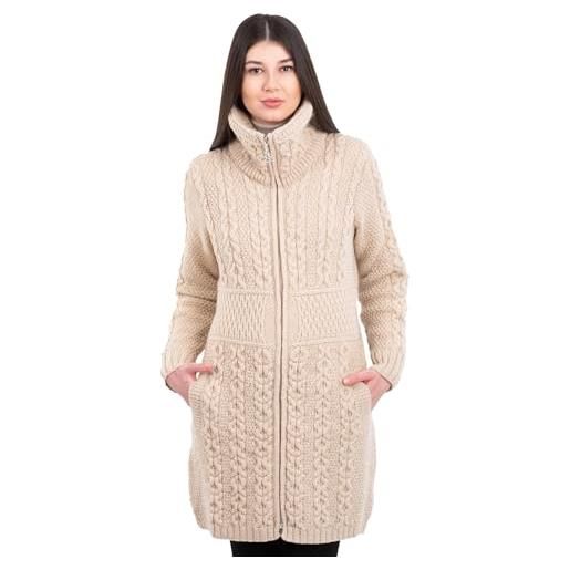 SAOL cardigan irlandese da donna con tasche in 100% lana merino ireland cappotto lungo, pastinaca, large