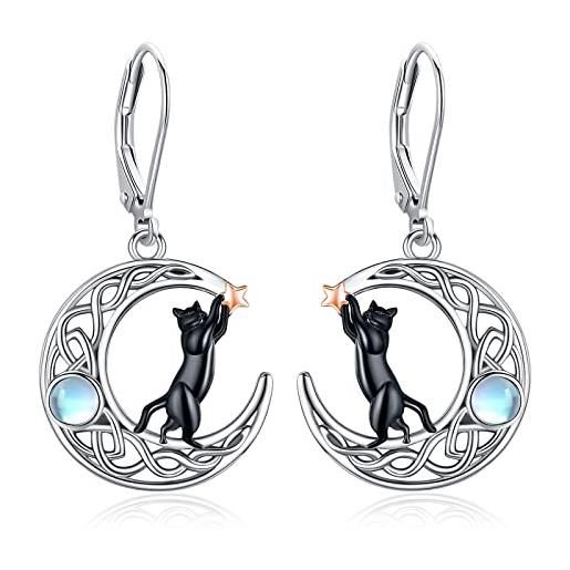 Eusense orecchini gatto nero orecchini gatto luna argento 925 pietra di luna orecchini pendenti gioielli regalo per gli amanti dei gatti donne ragazze