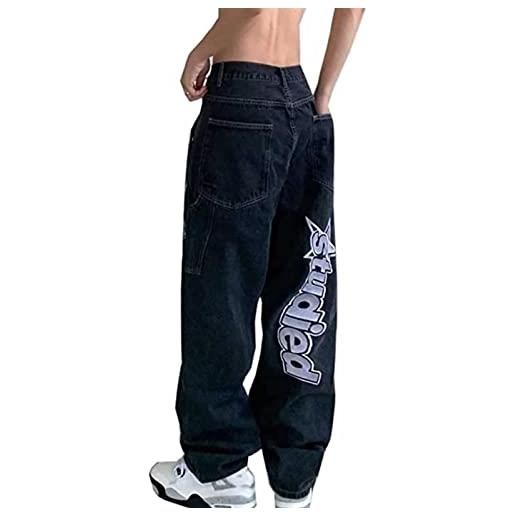 Yokbeer jeans larghi da uomo y2k streetwear pantaloni in denim jeans da ragazzo vintage hip hop pantaloni larghi stile casual larghi stampa di moda gamba larga (color: schwar, size: s)