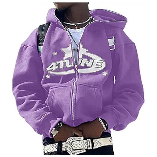 Yokbeer giacca streetwear cappuccio e zip intera y2k, streetwear manica lunga con cerniera stampa stelle da uomo, felpa vintage con cappuccio, giacca con cappuccio unisex top ragazza anni '90 ( color: purple