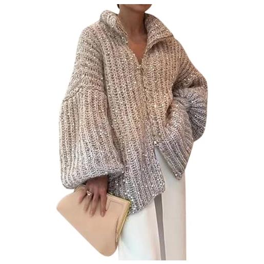 ORANDESIGNE donna cardigan paillettes morbido cappotto in maglia grossa con scollo a v manica lunga bolero maglione casual elegante autunno invernale top giacca aperto calda a beige xxl